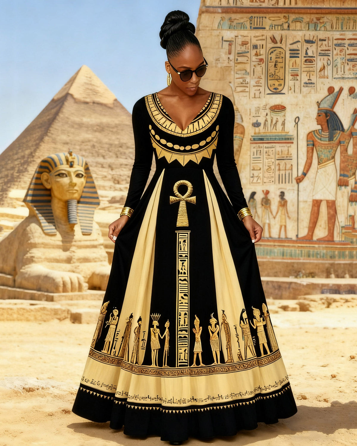 V Neck Black Culture Egyptian Retro Totems Long Sleeves Maxi Dress
