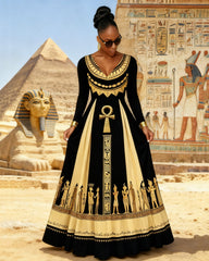 V Neck Black Culture Egyptian Retro Totems Long Sleeves Maxi Dress