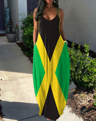 Sling Black Jamaican Color Print Pocket Maxi Dress
