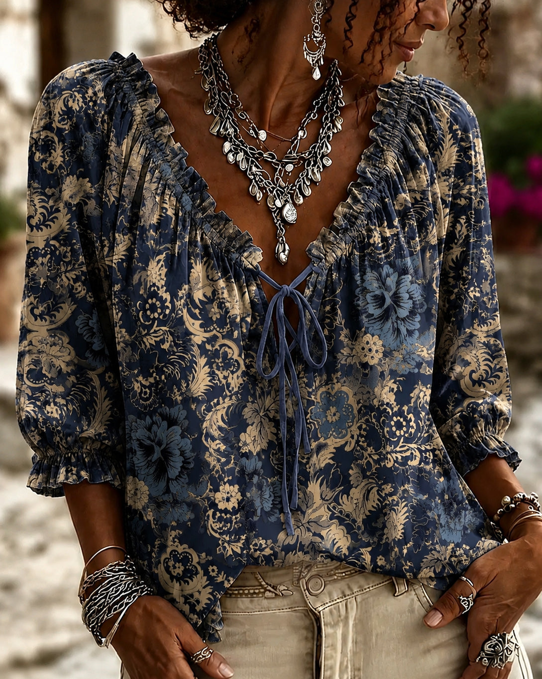 Retro Elegant Flowers and Leaves Lace Up Blouse