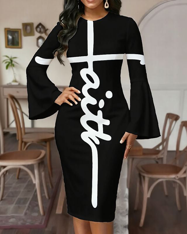 Simple Faith Letters Flared Sleeves Mini Dresses