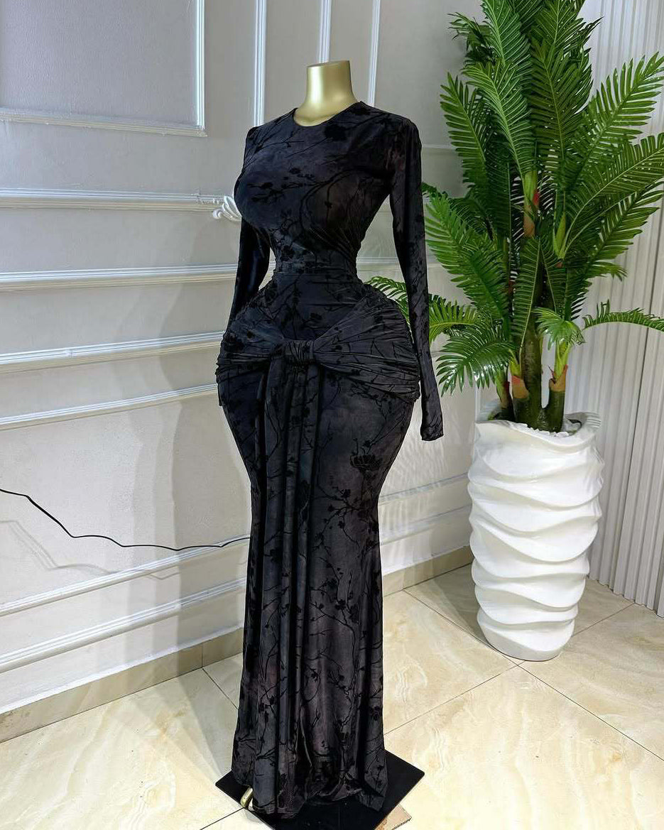 Elegant Floral Printed Long Sleeve Mermaid Maxi Dress