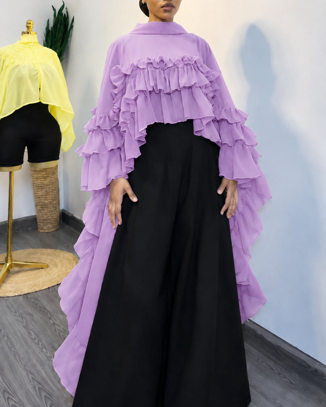 Mock Neck Tiered Ruffle Chiffon Cape Long Blouse