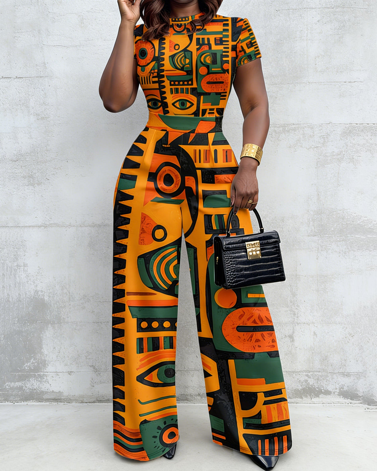 Orange African Traditional Print High Waist Wide-leg Women's Two-piece Set