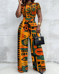 Orange African Traditional Print High Waist Wide-leg Women's Two-piece Set