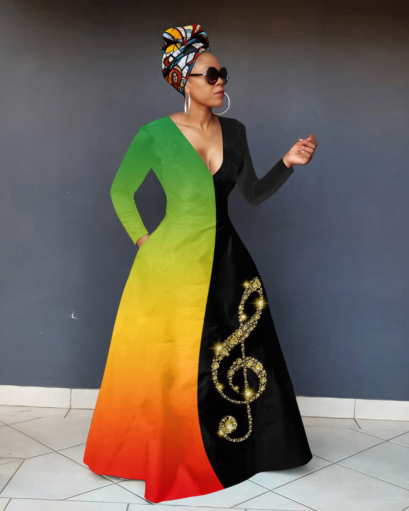 V-Neck Reggae Gradient Gold Musical Notes Long-Sleeved Pocket Maxi Dress