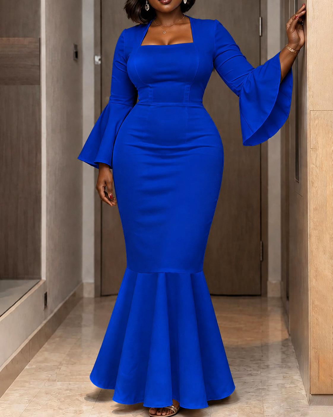Square Neck Flare Long Sleeve Mermaid Maxi Dress