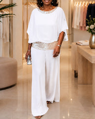 Conjuntos Elegantes Sequins Chiffon Batwing Sleeve Top Wide Leg Pants Two Piece Set