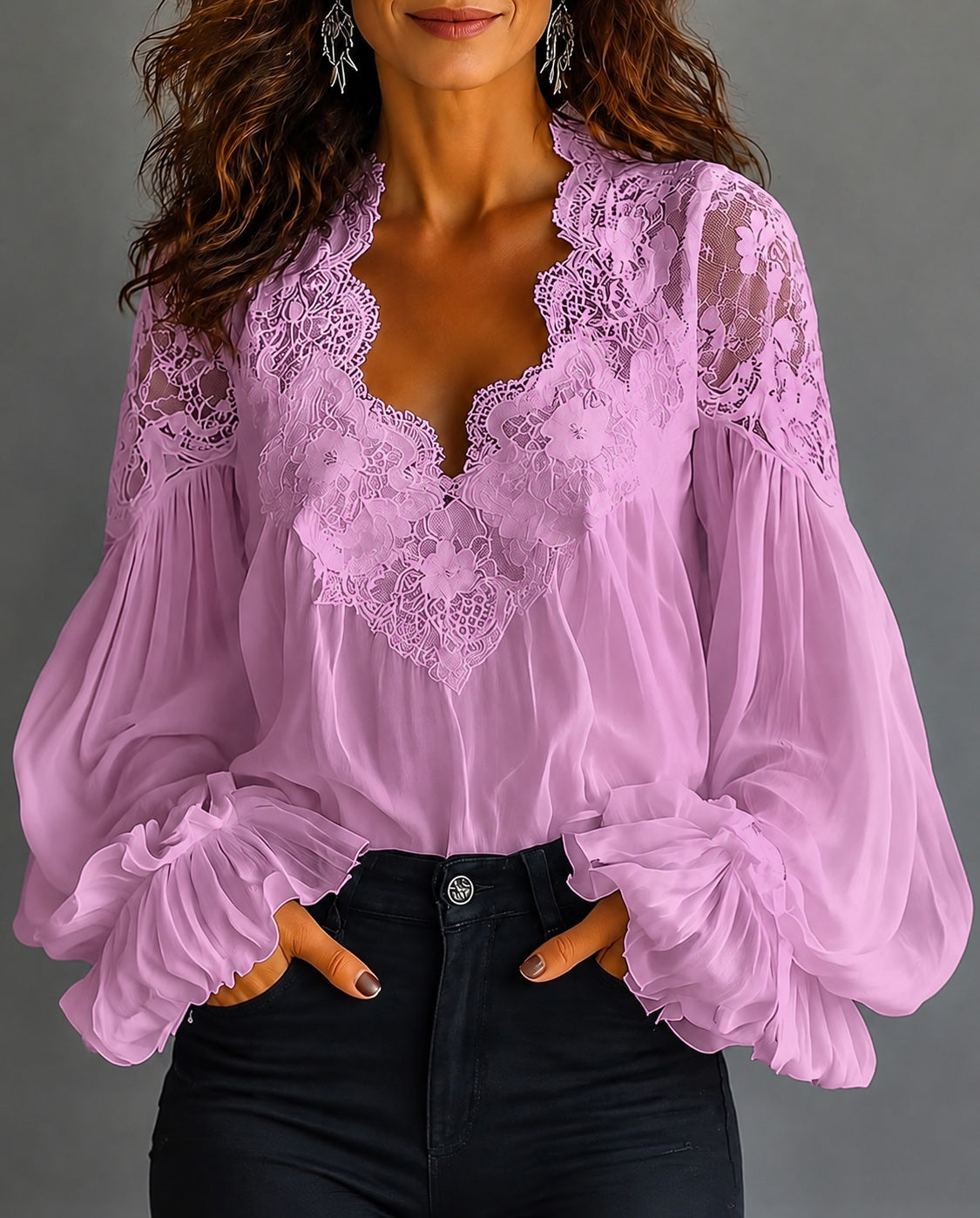 U-neck Puff Sleeve Pleated Lace-trimmed Blouses