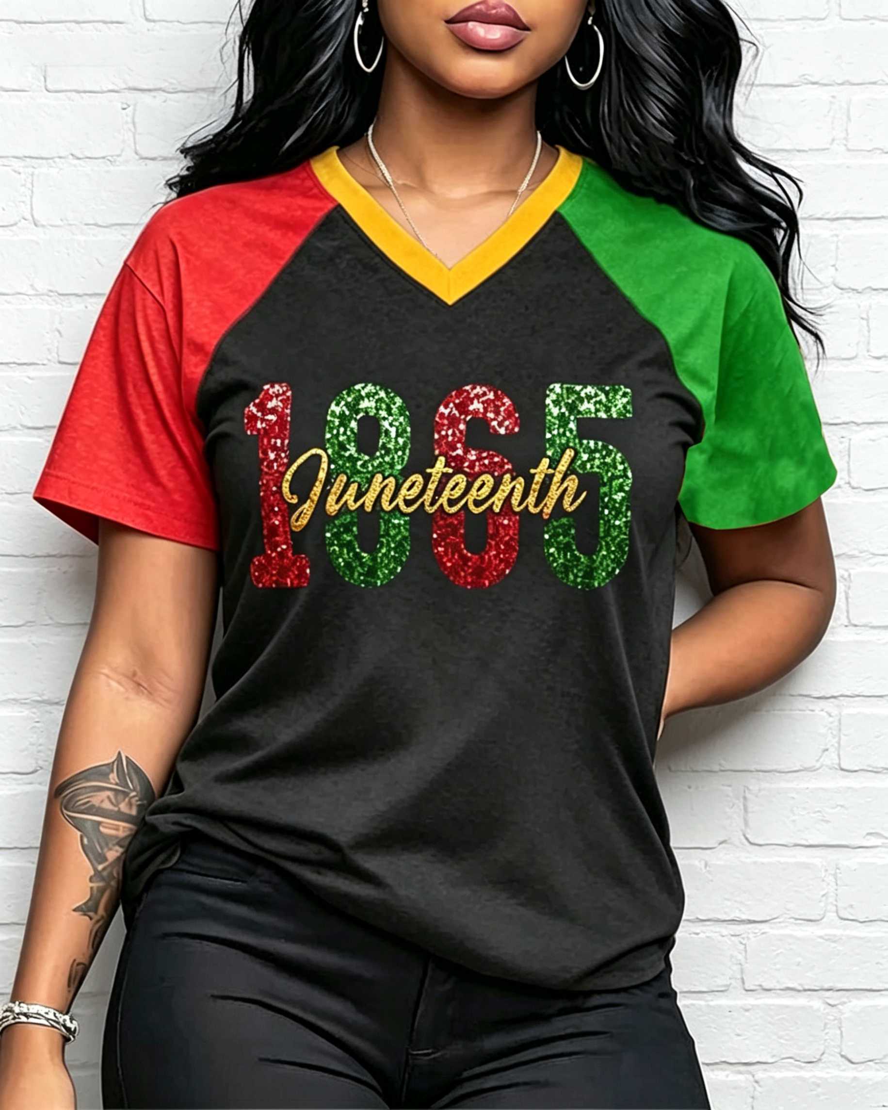 Color Blocking Juneteenth 1865 V-neck Short Sleeve Tshirt