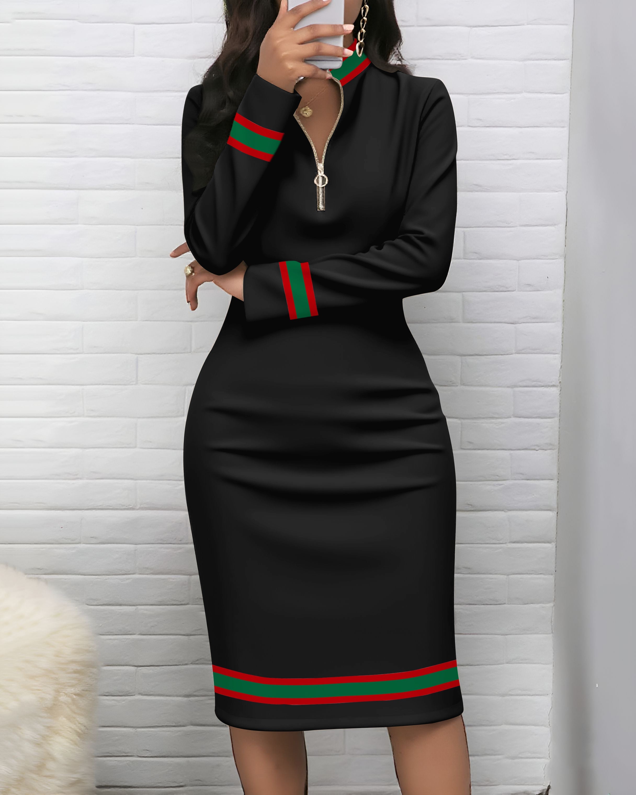 Simple Striped Zipper Stand Collar Long Sleeve Bodycon Dress
