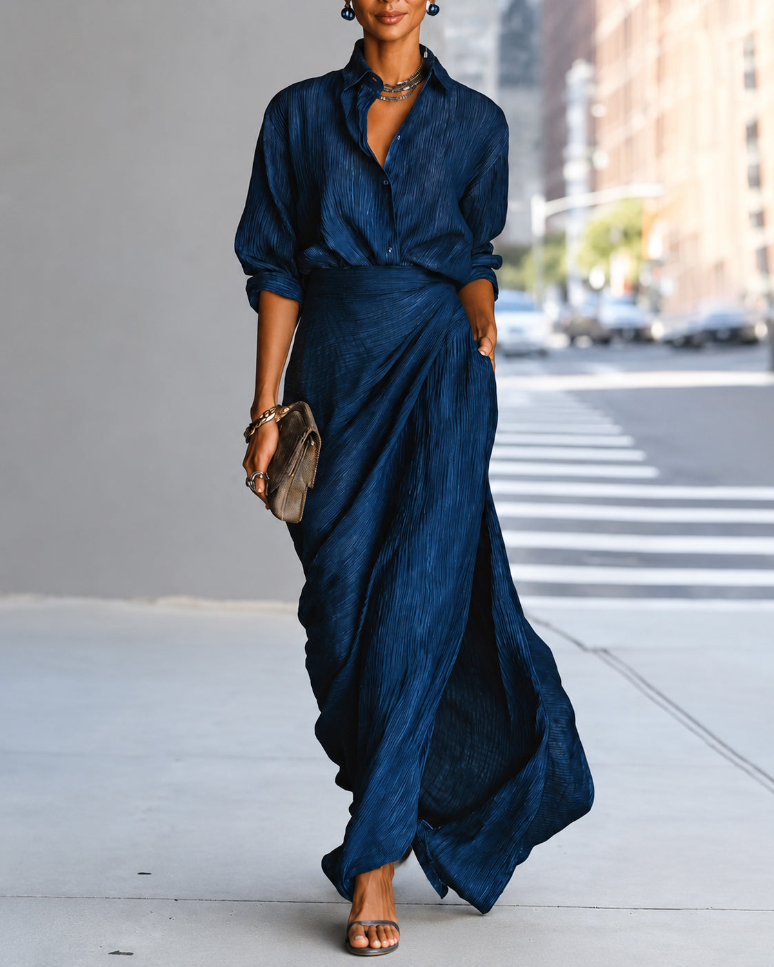 Solid Color Loose-fitting Collared Long-sleeved Shirt and Elegant Pleated Maxi Skirt Set