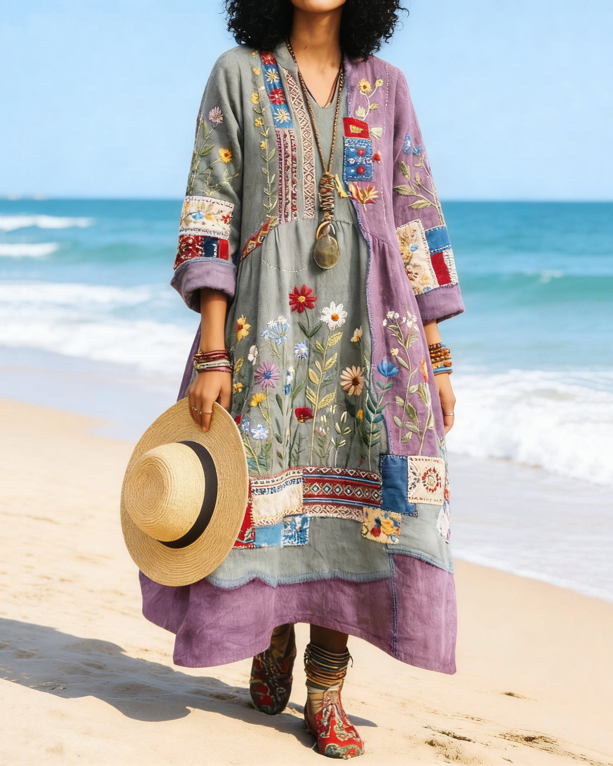 Floral Color-Blocked Art Print Casual Long-Sleeve V-Neck Side Pocket Cotton Linen Dress