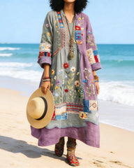 Floral Color-Blocked Art Print Casual Long-Sleeve V-Neck Side Pocket Cotton Linen Dress
