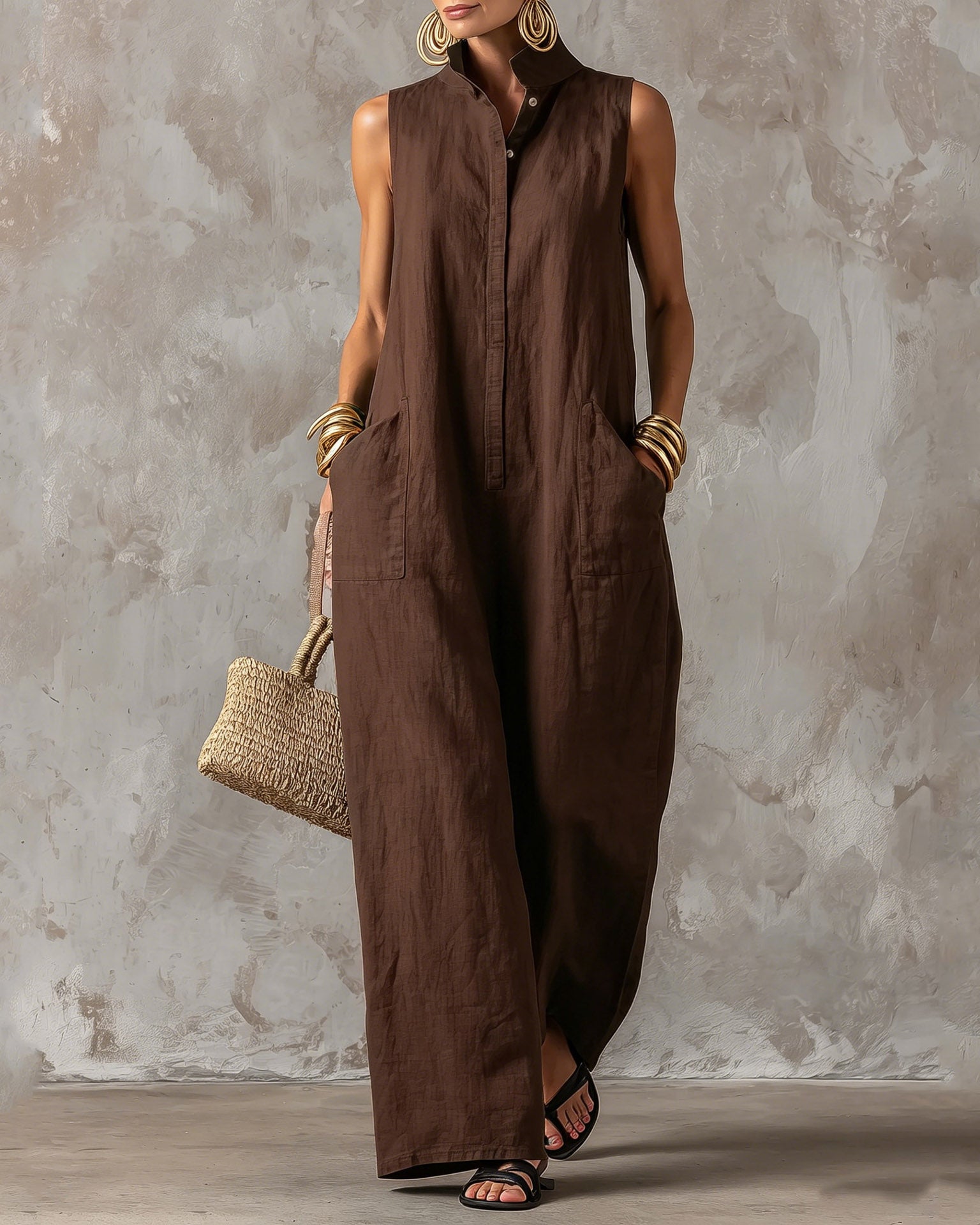 Stand-up Collar Sleeveless Linen Button-down Loose Wide-leg Jumpsuit