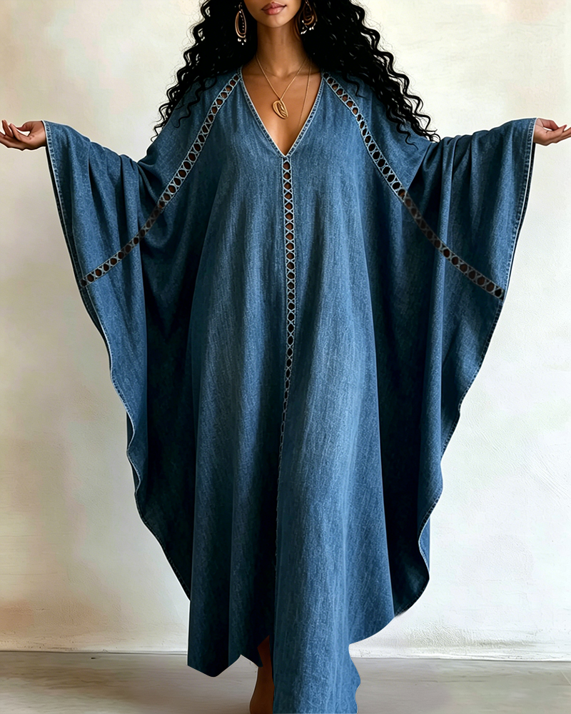 Classic Denim Print Patchwork V-neck Long Kaftan Dress