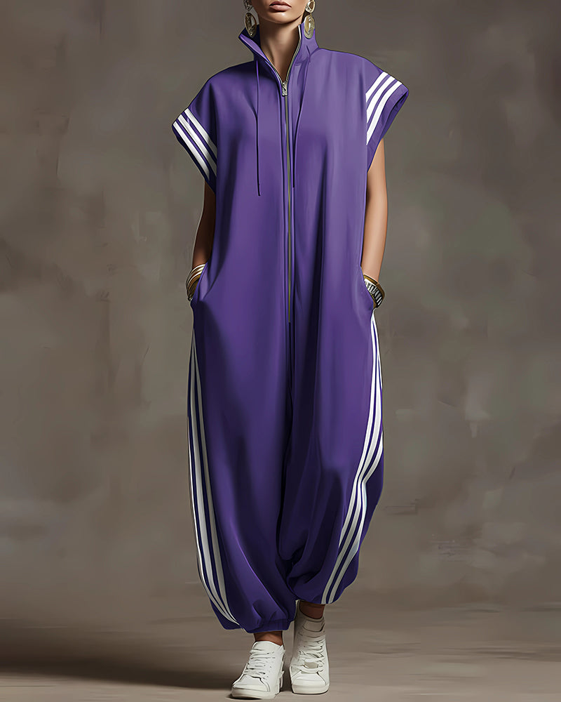 Contrast Color Pockets Split-Joint Striped Zipper Stand Collar Jumpsuits