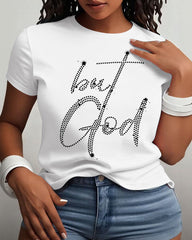 But God Rhinestone Printing Cotton Short Sleeve Tshirt