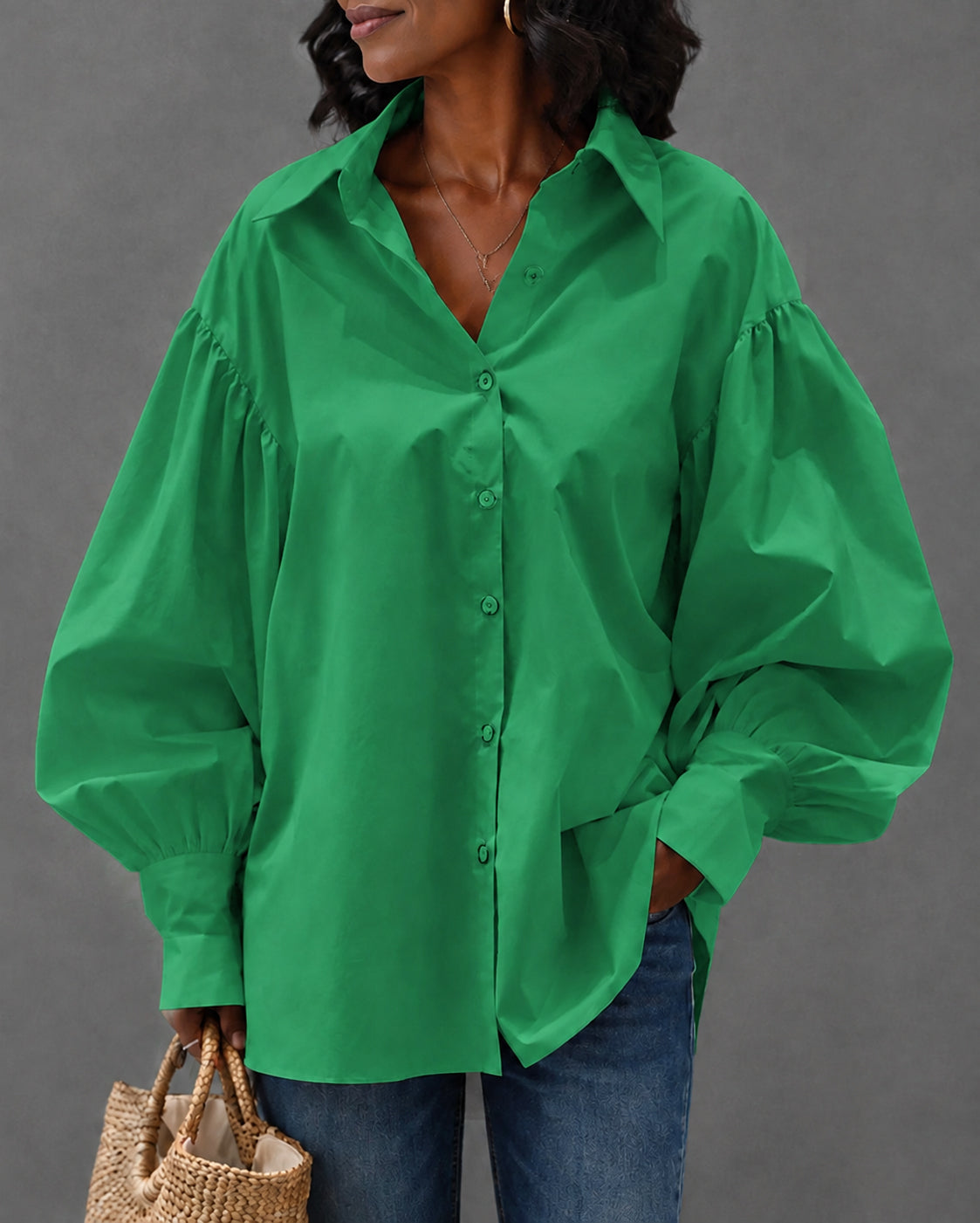 Lantern Sleeve Button-down Loose-fitting Stylish Shirt Blouse