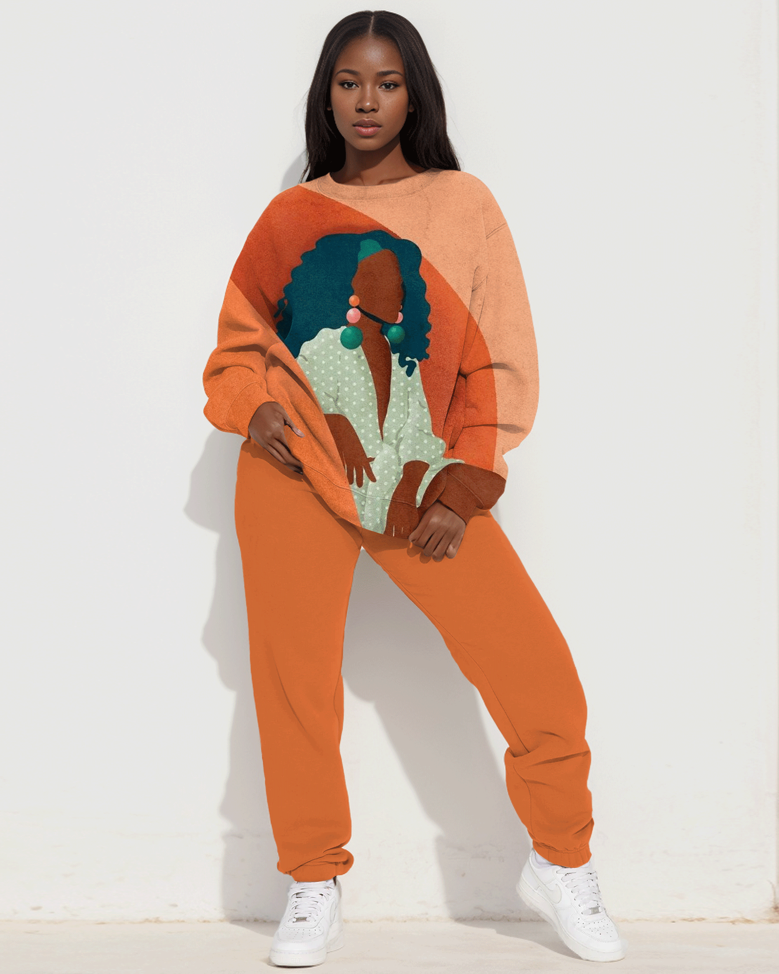 Brown Girl Colorful Print Long Sleeve Sweatshirt Two Pieces Set