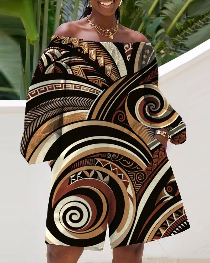 Khaki Geometry Ethnic Print Off-shoulder Romper
