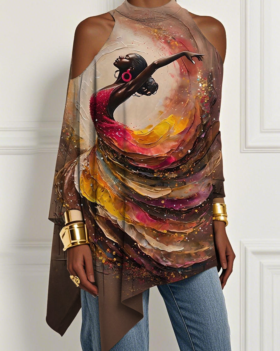 Oil Painting Dancer Print Irregular Off-shoulder Top