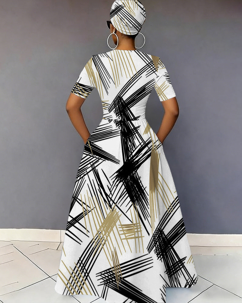 V-Neck Color-blocked Stripe Art Pocket Short-Sleeved Maxi Dress