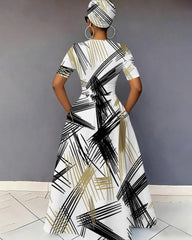 V-Neck Color-blocked Stripe Art Pocket Short-Sleeved Maxi Dress