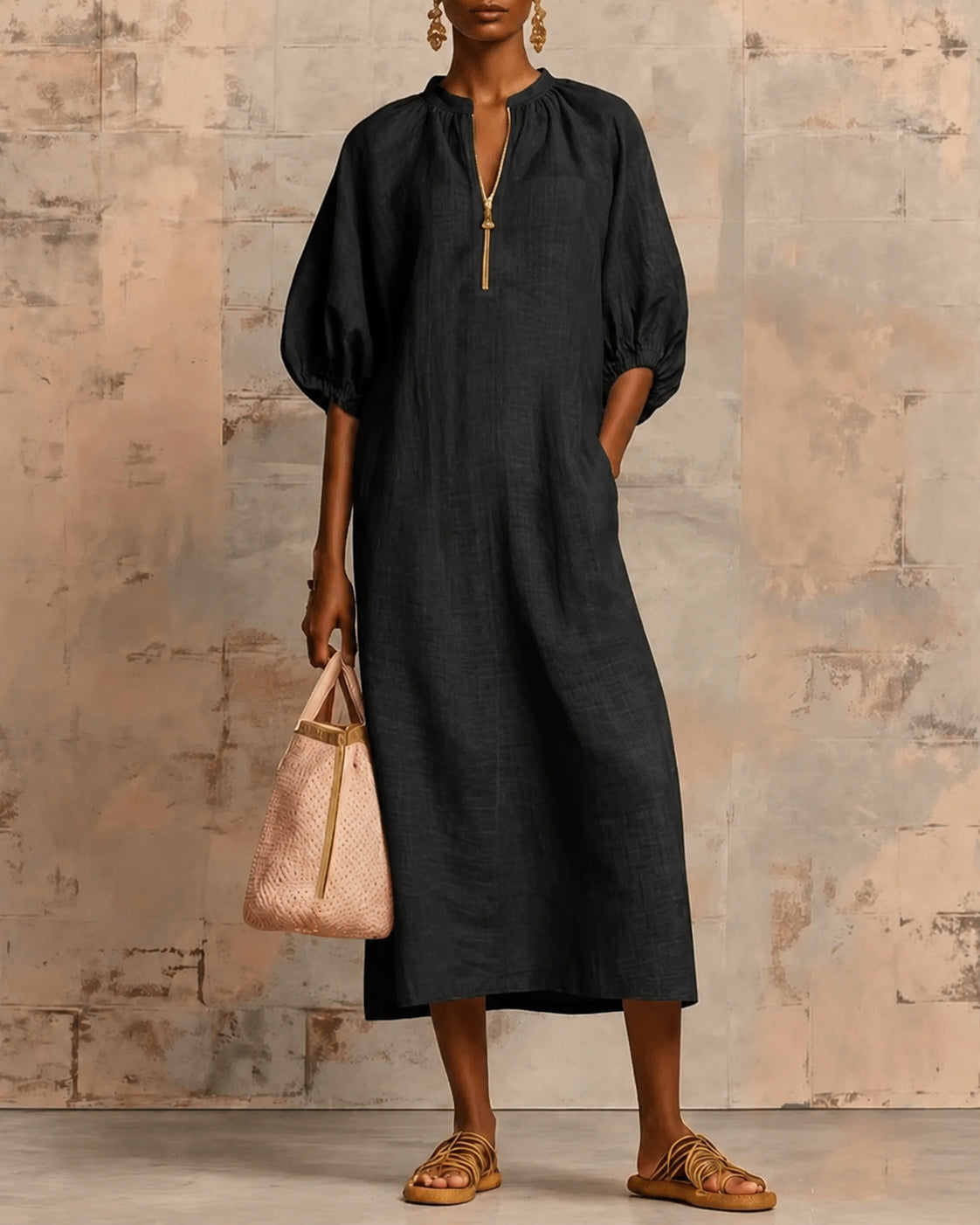Solid Color Cotton and Linen Zipper Puff Sleeve Dress