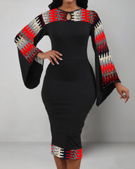 African Print Splicing Flared Sleeve Bodycon Midi Dress