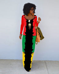 Juneteenth Symmetrical Printing Crew Neck Long Sleeve Dress