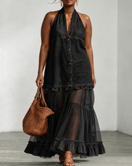 Retro-style Faux Denim Patchwork Sleeveless Ruffle Dress