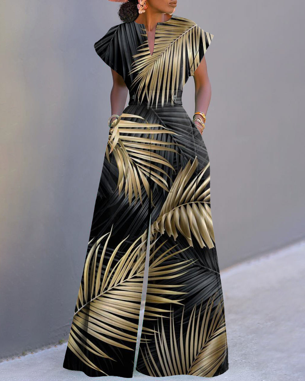 Hawaiian Leaf Print Neckline Batwing Sleeve Wide Leg Jumpsuit
