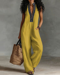 Women's Minimalist Linen Blend Sleeveless Jumpsuit With Zipper And Stand Collar