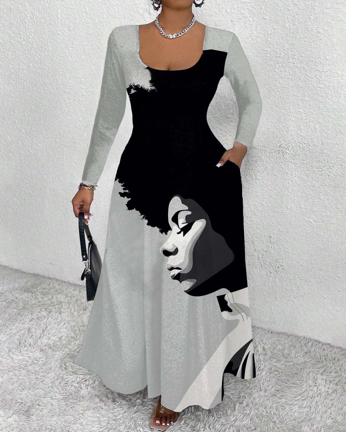 Afro Girl Round Neck Long Sleeve Maxi Dress