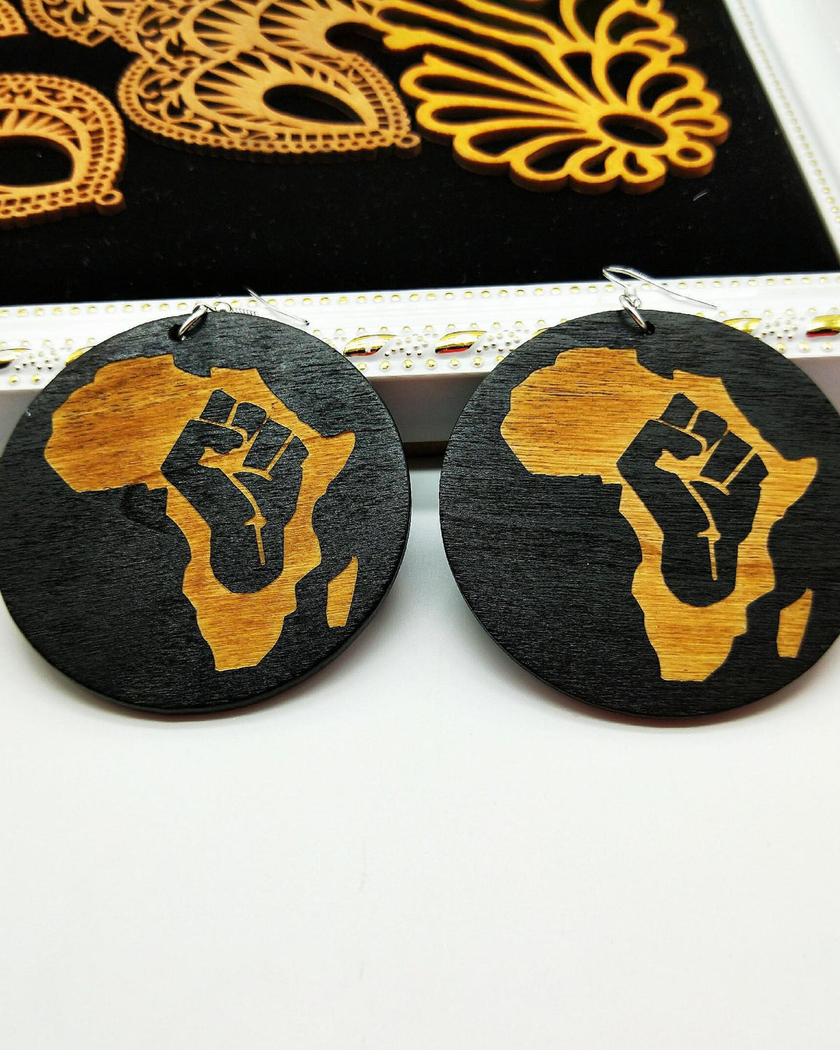 Black Power African Map Round Wooden Earrings