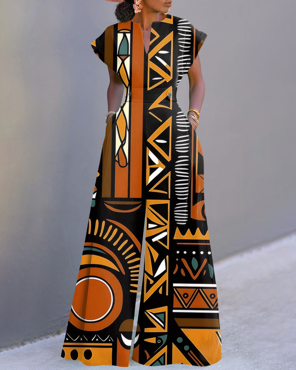 Tribal Geometric Print Neckline Batwing Sleeve Wide Leg Jumpsuit