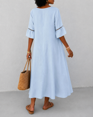 V-neck Solid Color Cotton and Linen Hollow-out Patchwork Dress