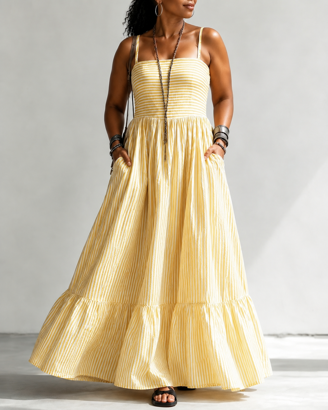 Casual Striped Print High-waisted Pocket Maxi Dress