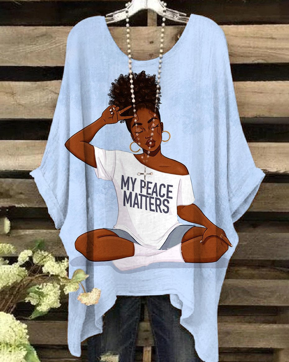 Round Neck Brown Girl My Peace Matters Irregular Shirt