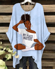 Round Neck Brown Girl My Peace Matters Irregular Shirt