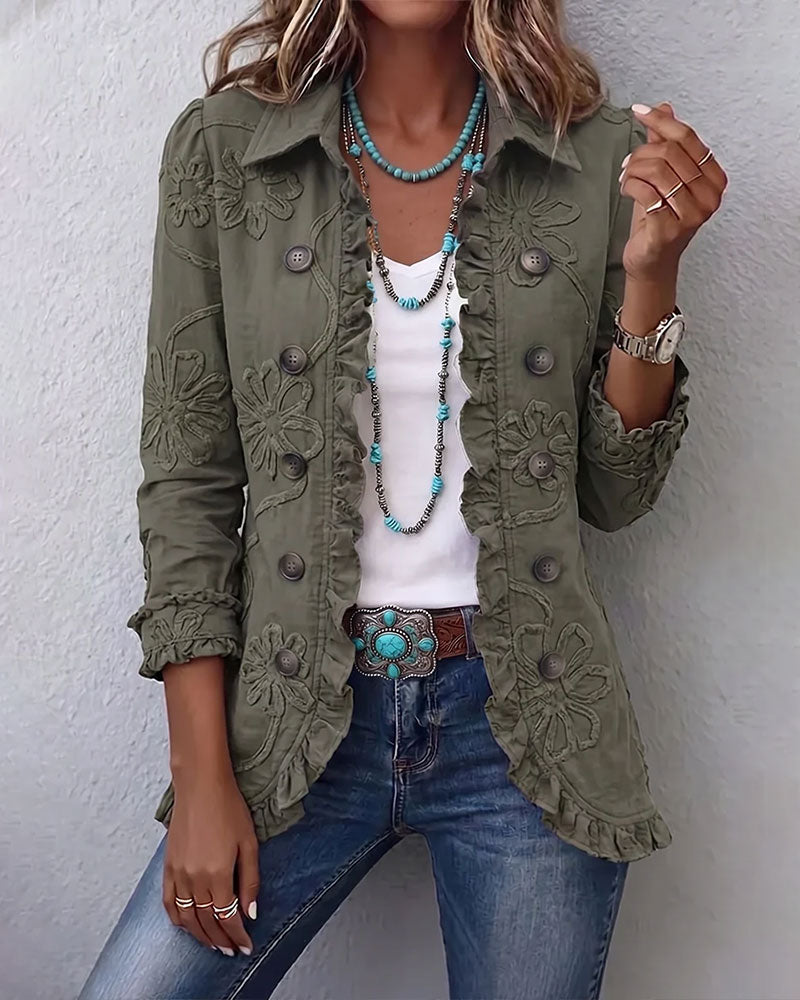 Boho-chic Floral Embroidered Utility Ruffled Trim Jacket
