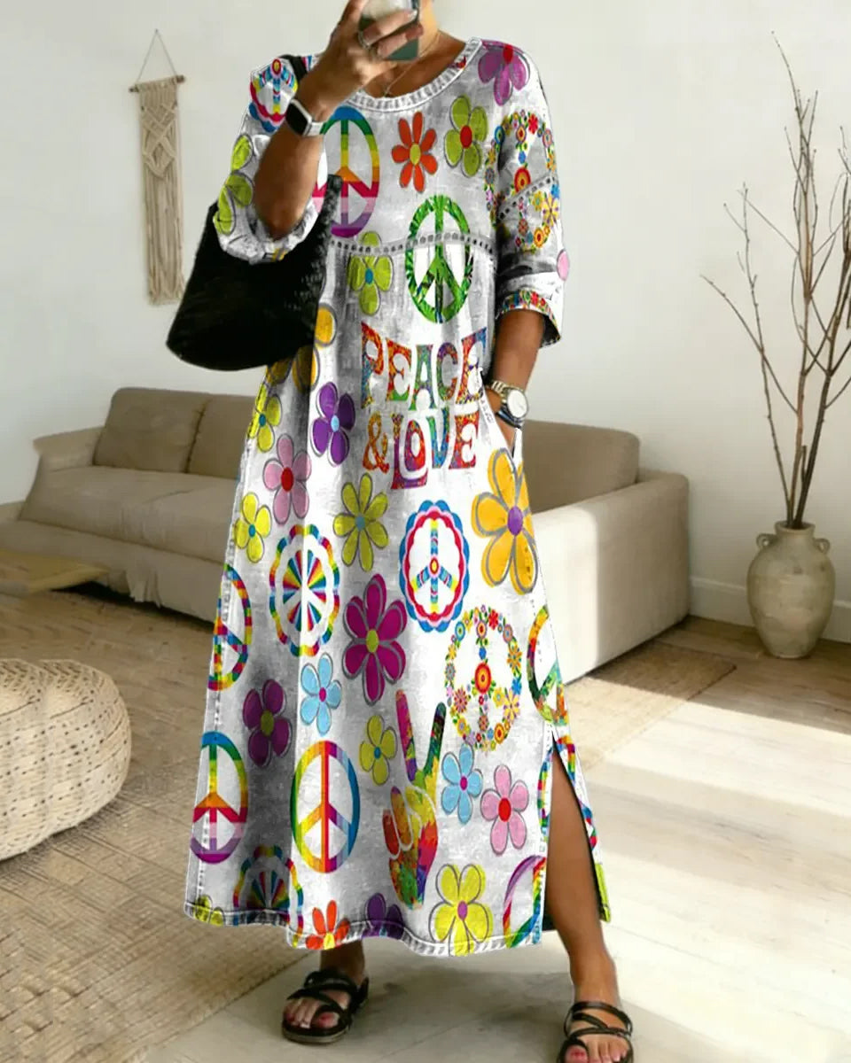 Hippie Peace and Love Floral Art Dress