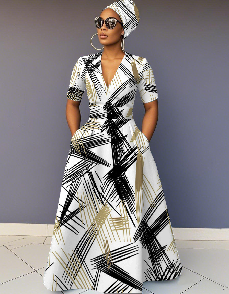 V-Neck Color-blocked Stripe Art Pocket Short-Sleeved Maxi Dress