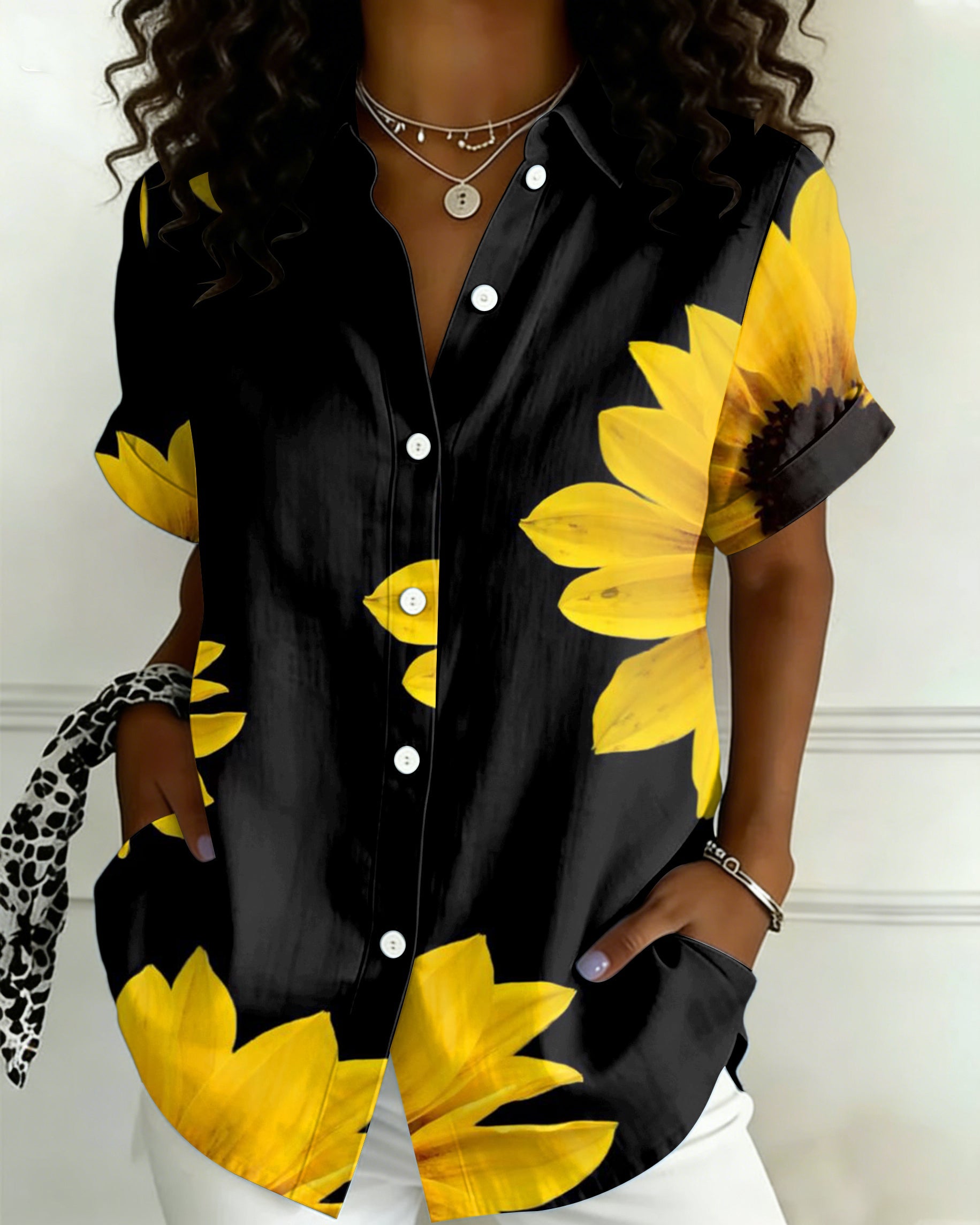 Women's Retro Sun Floral Print Casual Comfort Short-Sleeve Shirt