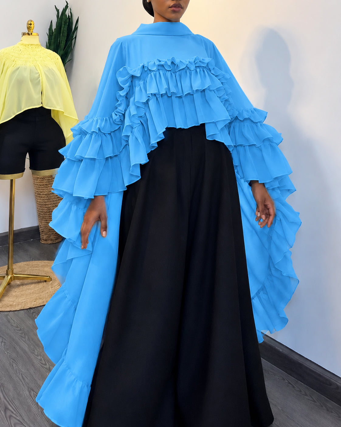 Mock Neck Tiered Ruffle Chiffon Cape Long Blouse