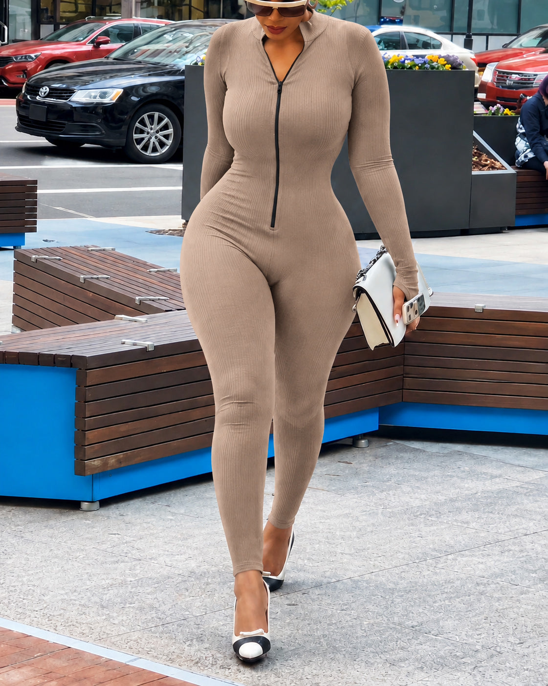 Long Sleeve Half Zip Mock Neck Ribbed Jumpsuit