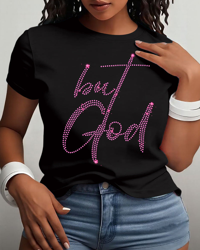 But God Rhinestone Printing Cotton Short Sleeve Tshirt
