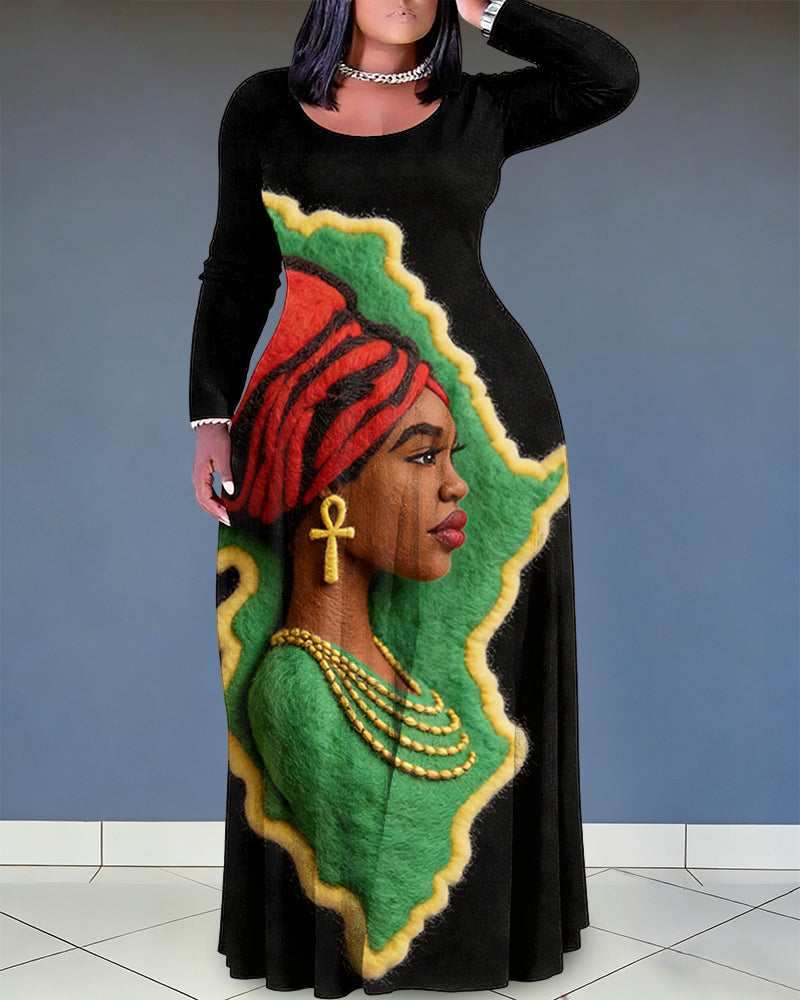 Round Neck African Women's Art Print Pocket Maxi Dress