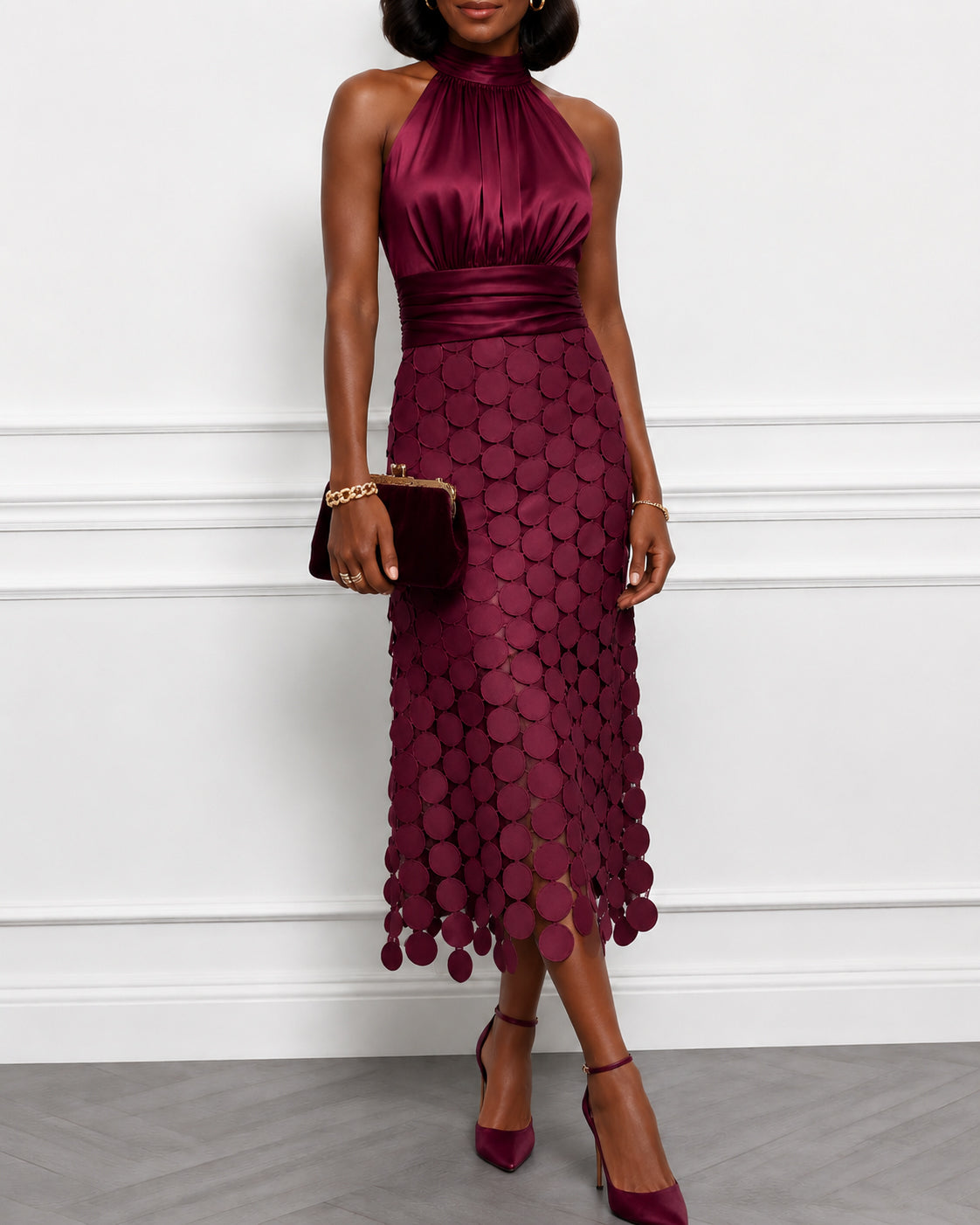 Satin Ruched Halter Neck Sleeveless A-Line Midi Dresses